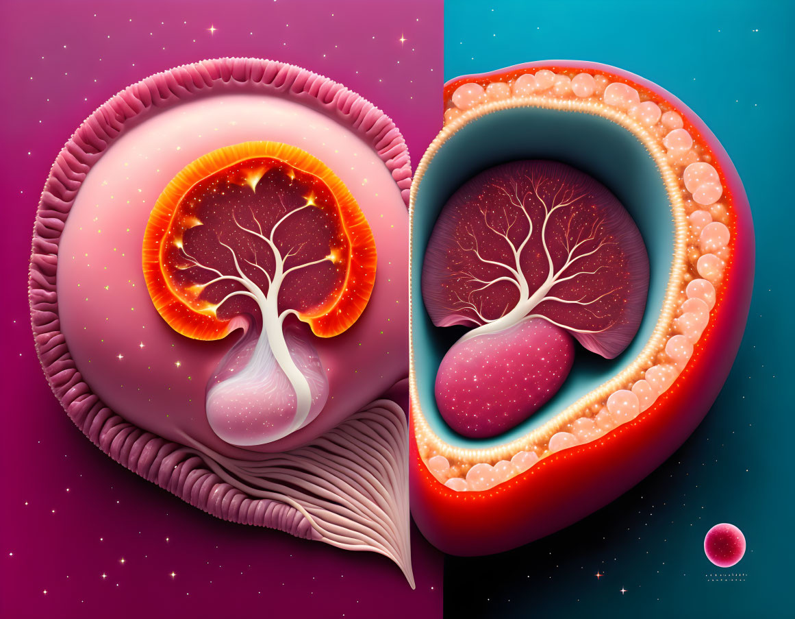 Colorful Stylized Trees in Circular Forms Against Dual-Toned Background