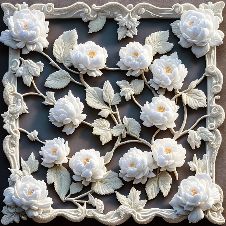 White Floral Relief Carving on Dark Background with Roses and Foliage