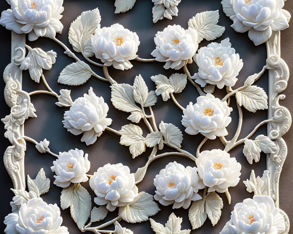 White Floral Relief Carving on Dark Background with Roses and Foliage