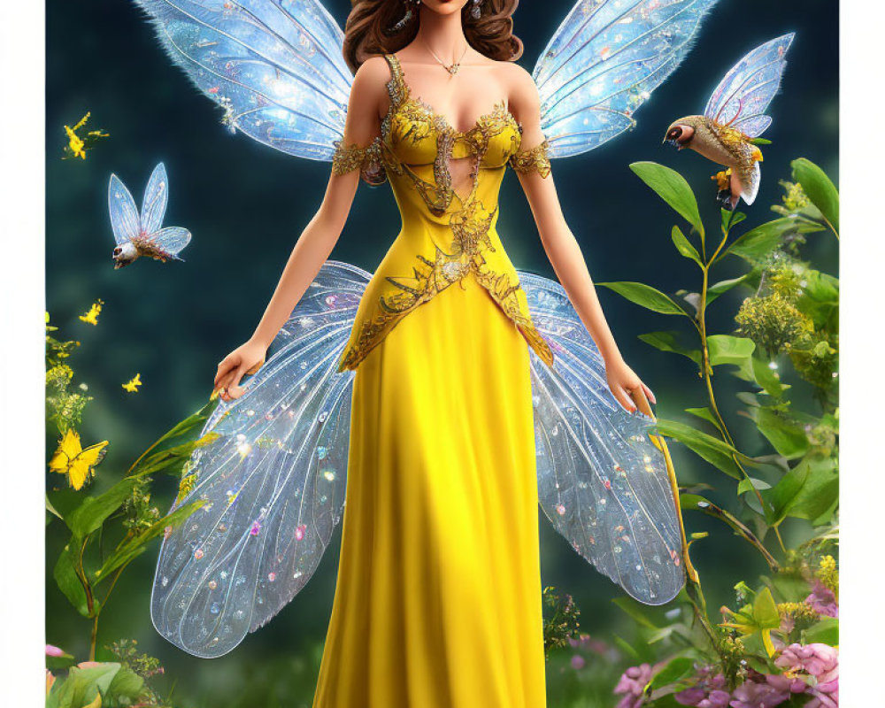 Digital Art: Fairy with Translucent Wings in Yellow Gown surrounded by Flying Fairies in Flowered