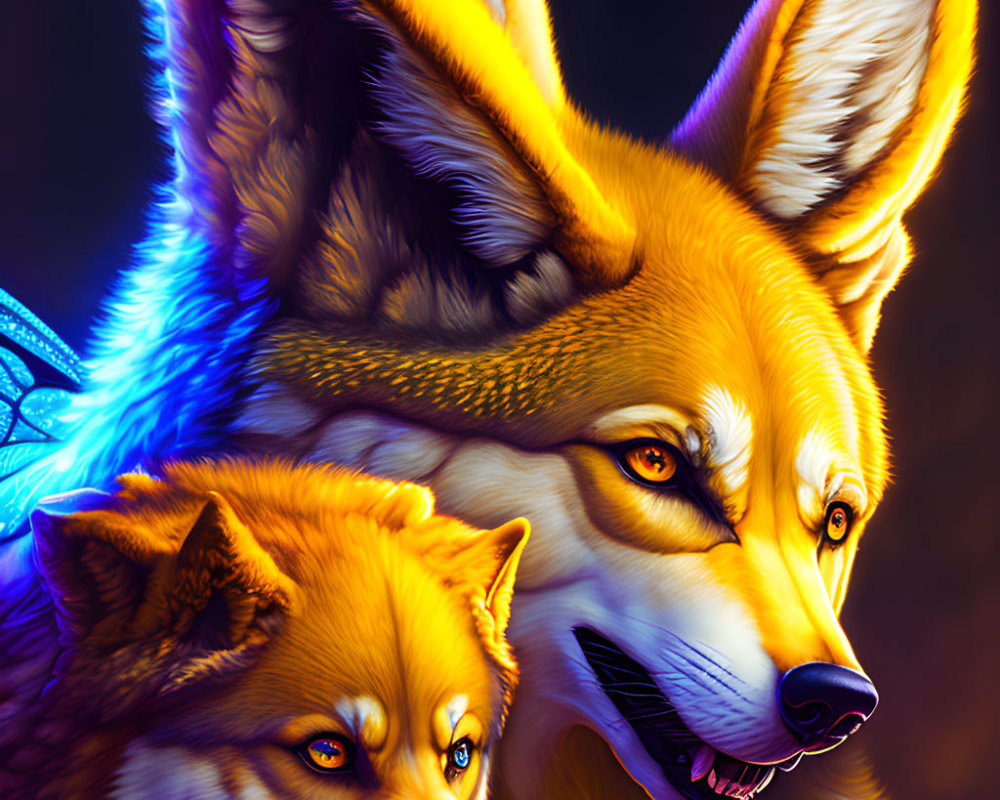 Detailed digital artwork: Two foxes with vivid orange fur under dramatic blue and orange lighting