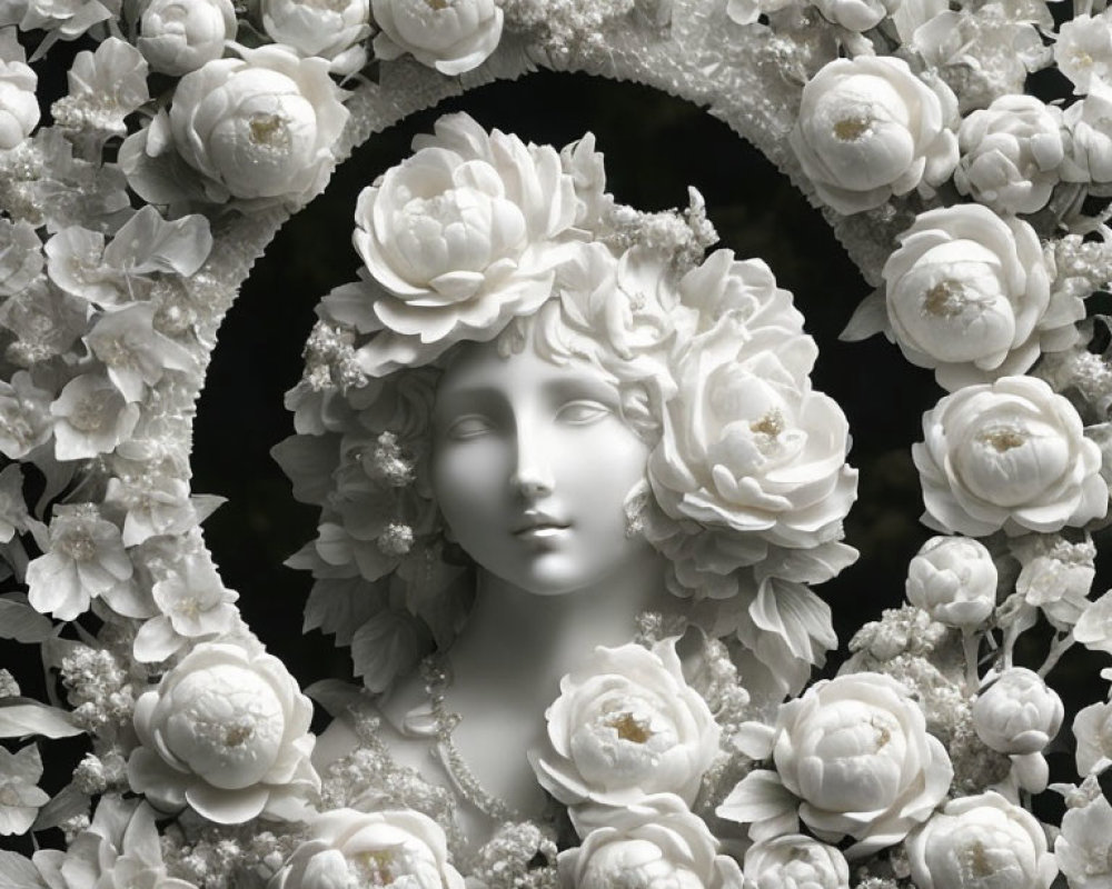 Monochromatic sculptural composition of serene woman's face with white flowers and foliage