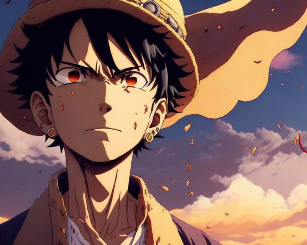 Animated character with black hair and freckles in straw hat against orange sky.