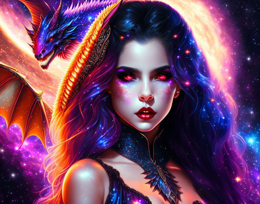 Digital artwork featuring woman with galaxy-themed makeup and hair next to blue dragon in cosmic scene