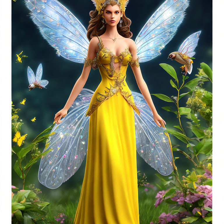 Digital Art: Fairy with Translucent Wings in Yellow Gown surrounded by Flying Fairies in Flowered