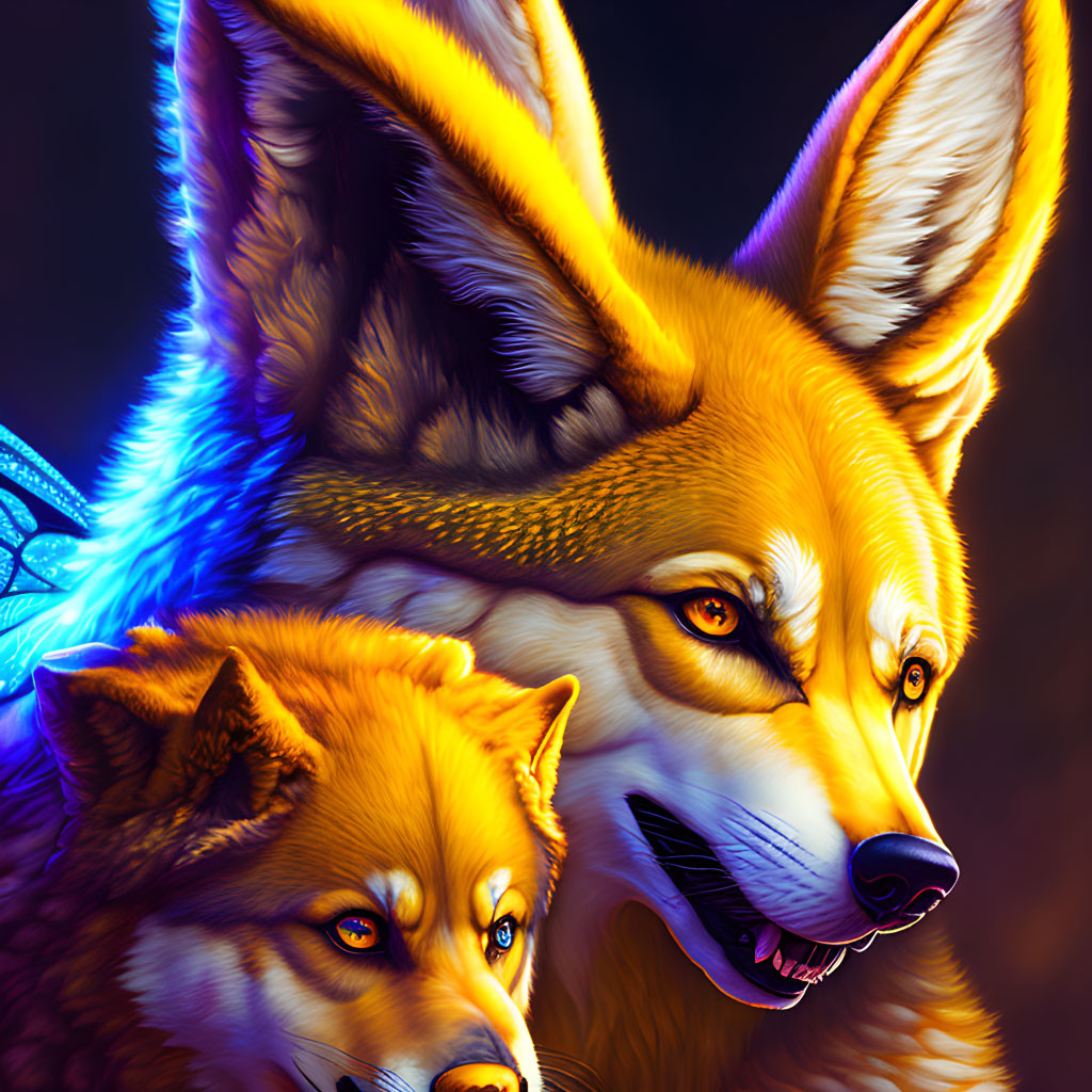 Detailed digital artwork: Two foxes with vivid orange fur under dramatic blue and orange lighting