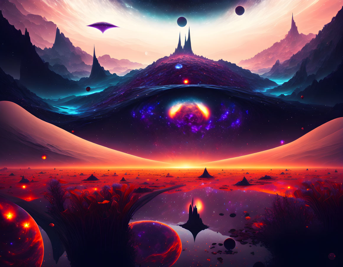 Colorful Sci-Fi Landscape with Nebulae, Alien Planets, and Futuristic Ships