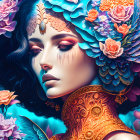 Colorful digital artwork: Woman with floral, gold jewelry, peacock feathers on blue background.