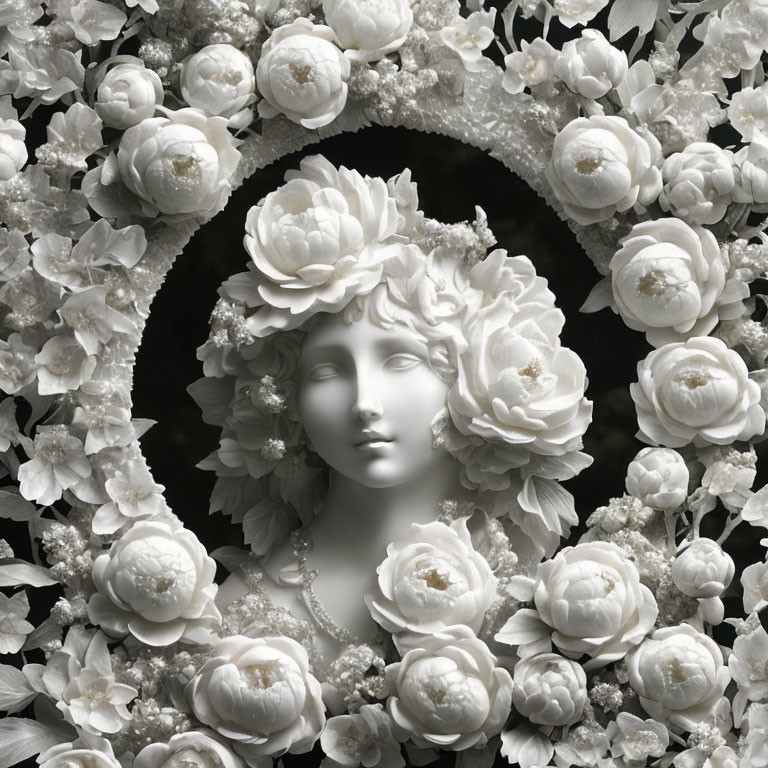 Monochromatic sculptural composition of serene woman's face with white flowers and foliage