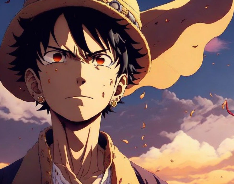 Animated character with black hair and freckles in straw hat against orange sky.