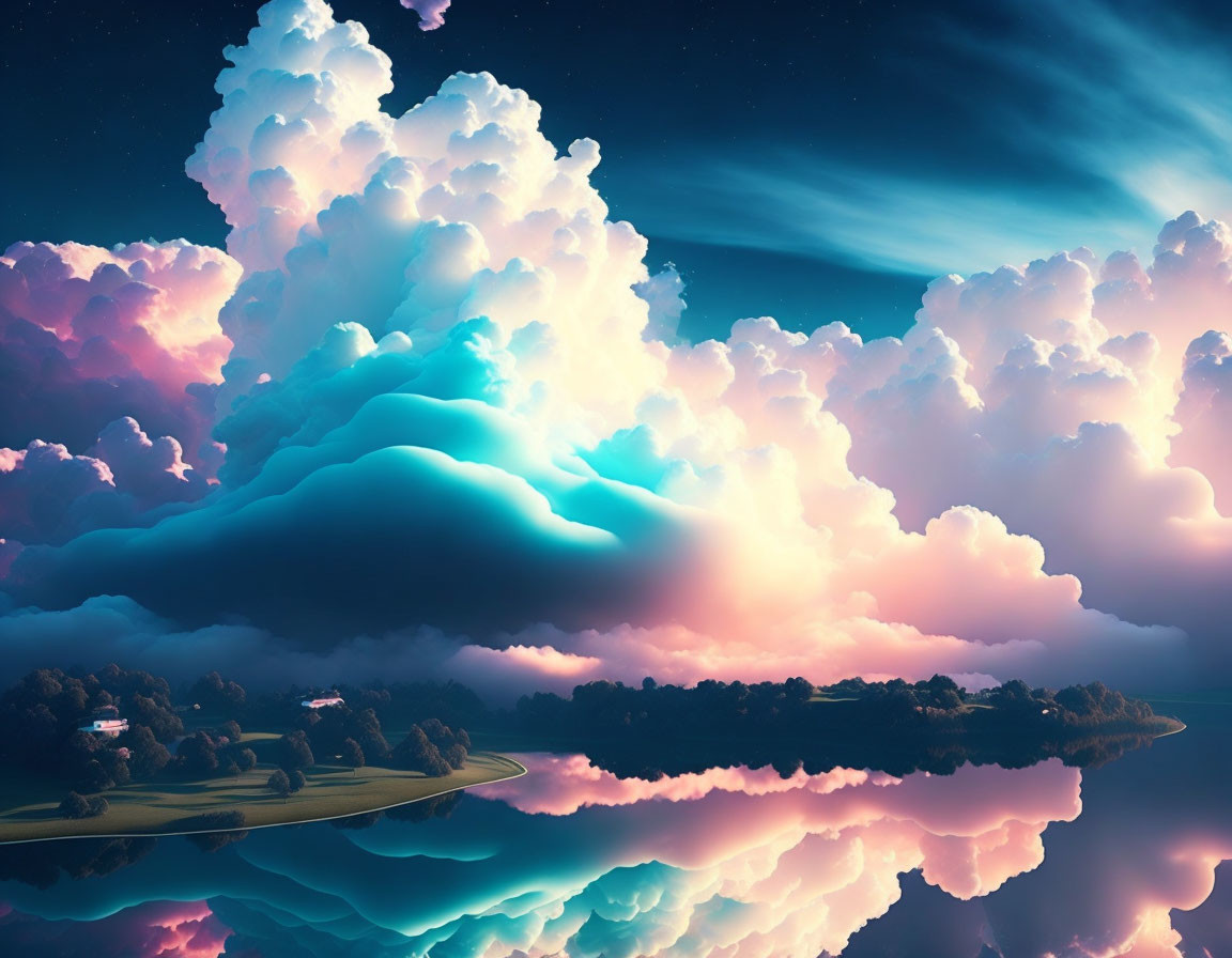 Multicolored clouds over tranquil water with winding road