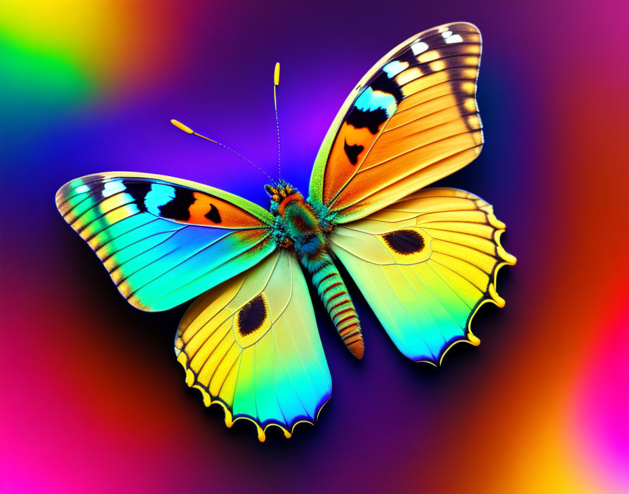 Colorful Butterfly with Orange, Blue, and Yellow Wings on Gradient Background