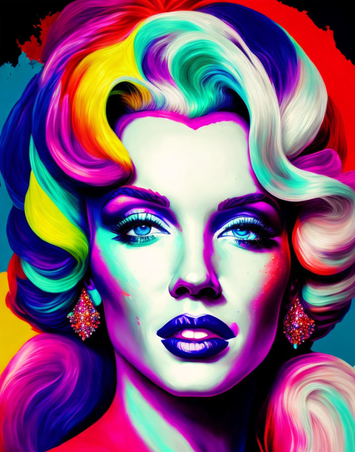 Colorful digital artwork featuring woman with rainbow hair & bright makeup