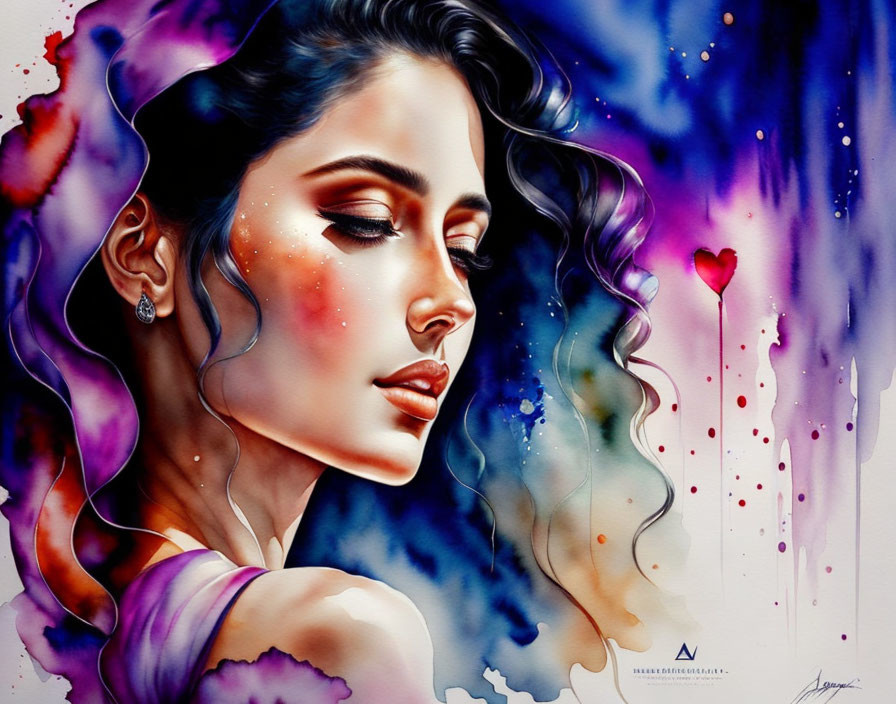 Vibrant digital artwork of woman with flowing hair and watercolor splashes