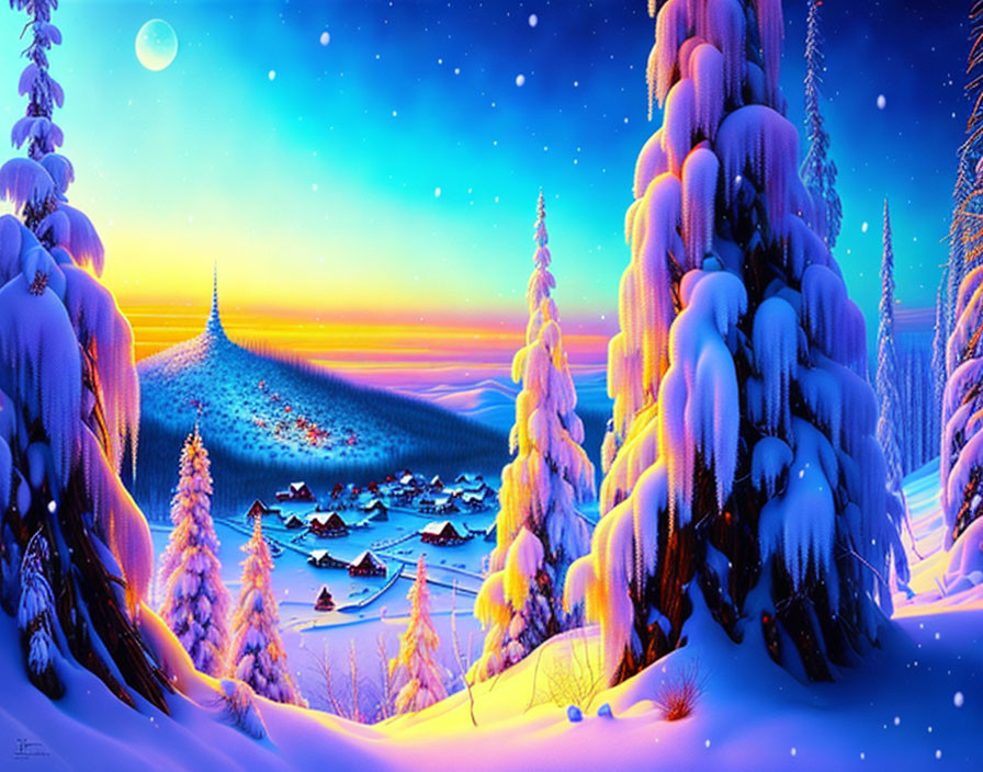 Snow-covered trees in twilight winter landscape with village and starry sky