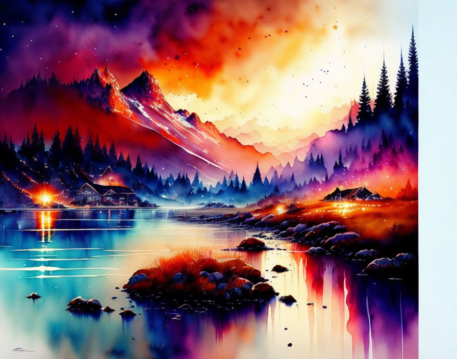 Colorful Watercolor Illustration: Lakeside Sunset with Mountain Reflections