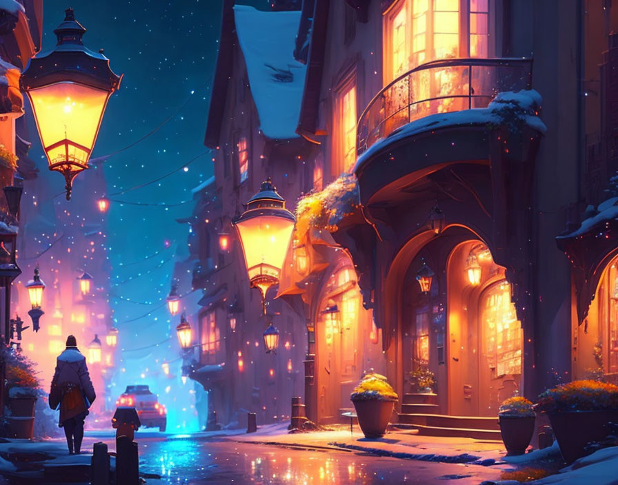 Snowy cobblestone street with charming buildings and glowing windows at night