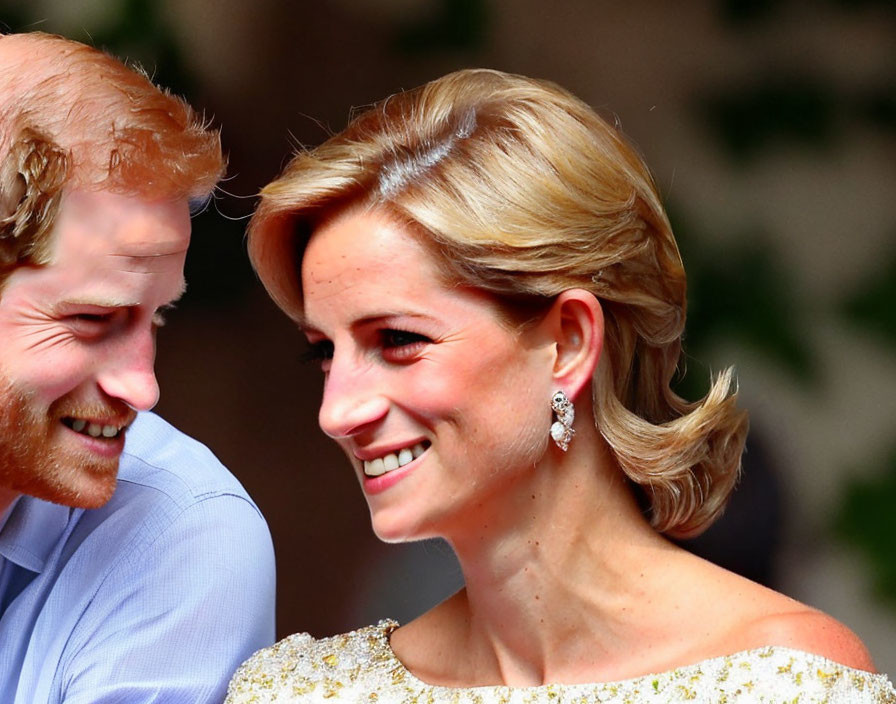 Blonde woman in golden outfit with red-haired man smiling.