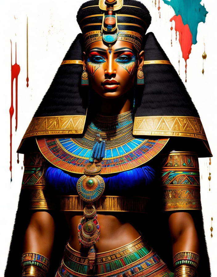 Stylized Cleopatra-like figure with Egyptian headdress, jewelry, and makeup on map backdrop