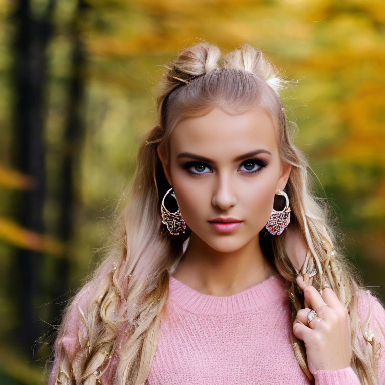 Blonde Woman with Braided Hair and Earrings in Pink Sweater by Autumn Trees