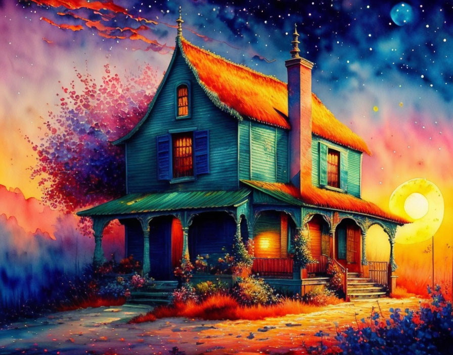 Colorful painting of cozy house at twilight with glowing orange roof