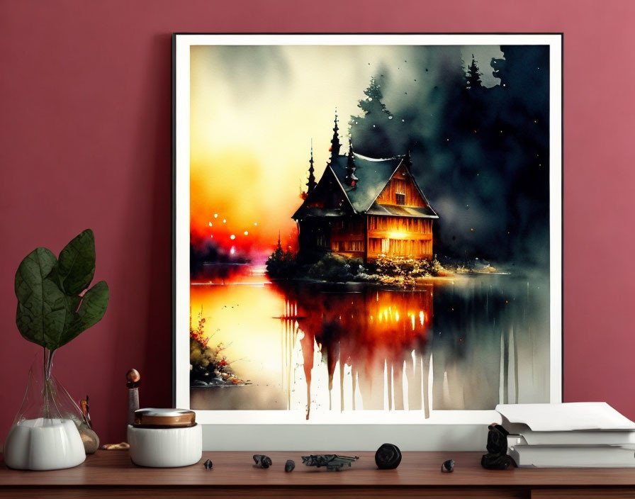 Tranquil Lakeside House Painting with Warm Colors and Trees on Wall Display