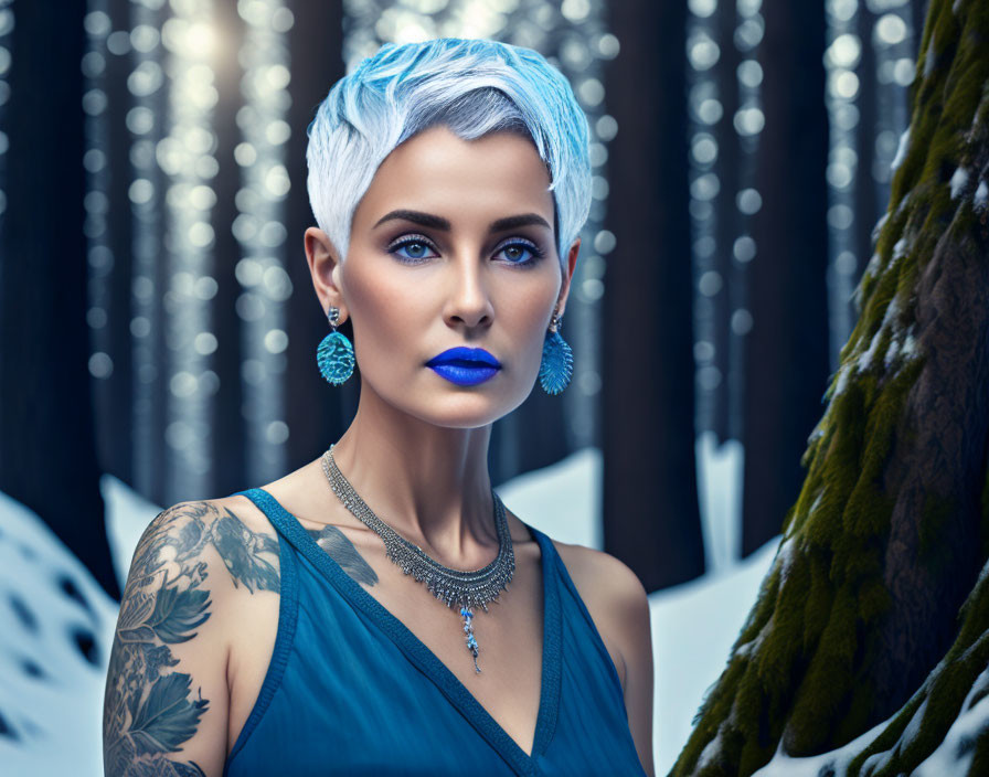 Blue-haired woman with tattoos in blue dress in mystical forest.