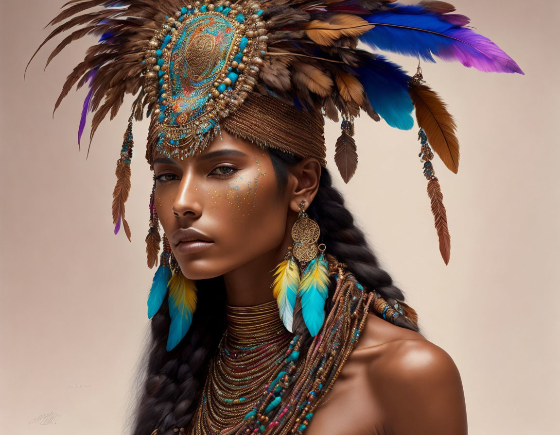 Colorful Feather Headdress and Tribal Jewelry on Woman