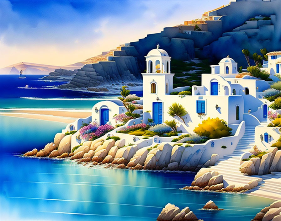 Colorful Coastal Scene with White and Blue Buildings and Blue Waters