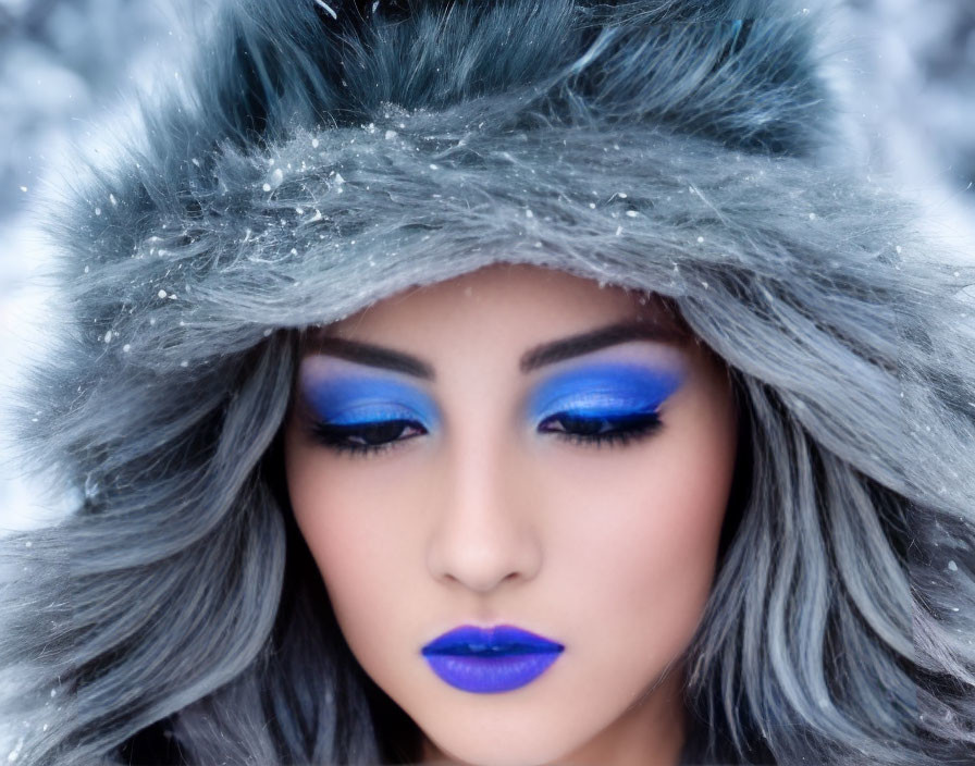 Woman with Vibrant Blue Makeup in Gray Winter Hat in Snowy Scene