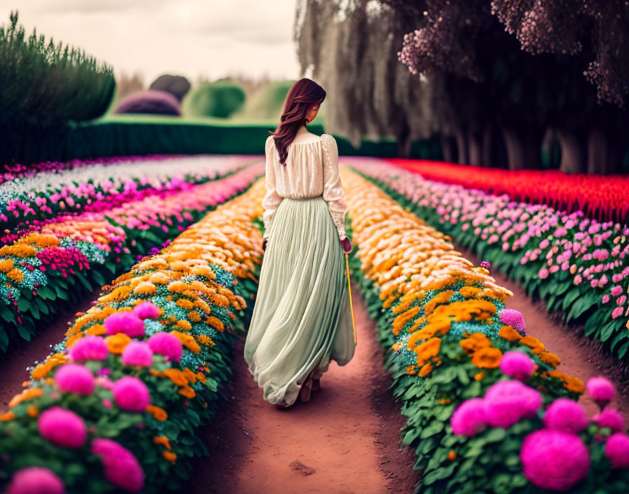 Woman in flowing dress walking by vibrant flower beds