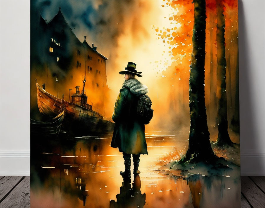 Person in hat and coat before fiery scene with burning trees, boat, and building on water's edge