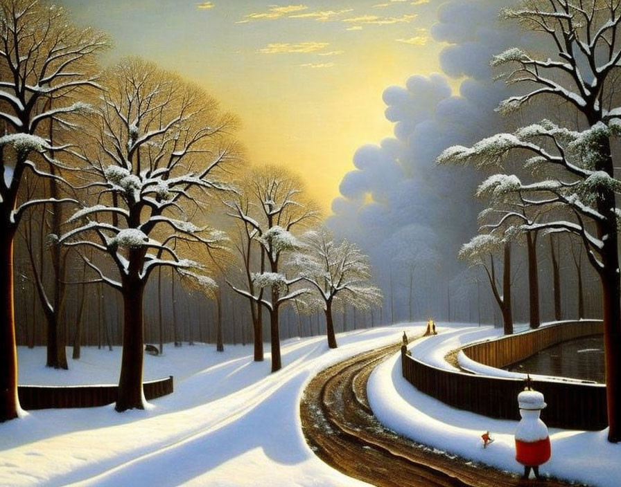 Snowy landscape at sunset with bare trees, winding road, figure in yellow, child with red scarf