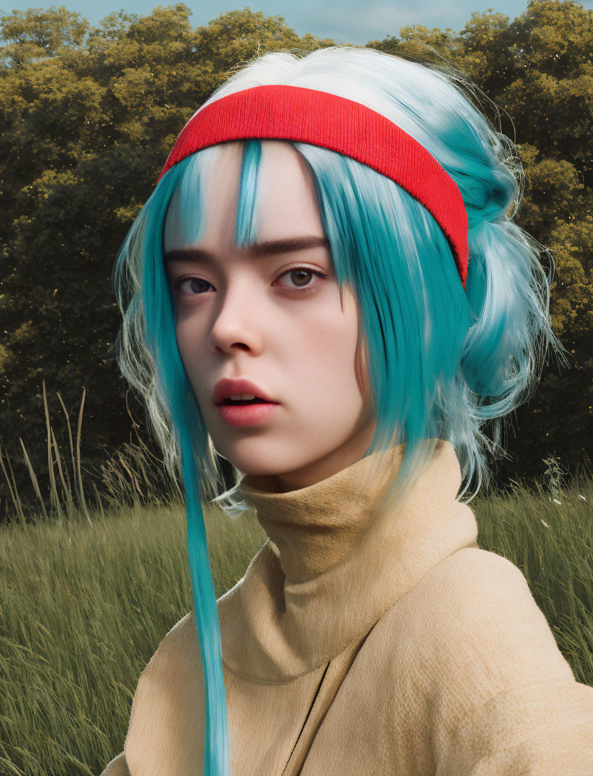 Bright blue hair and red headband person in field with trees