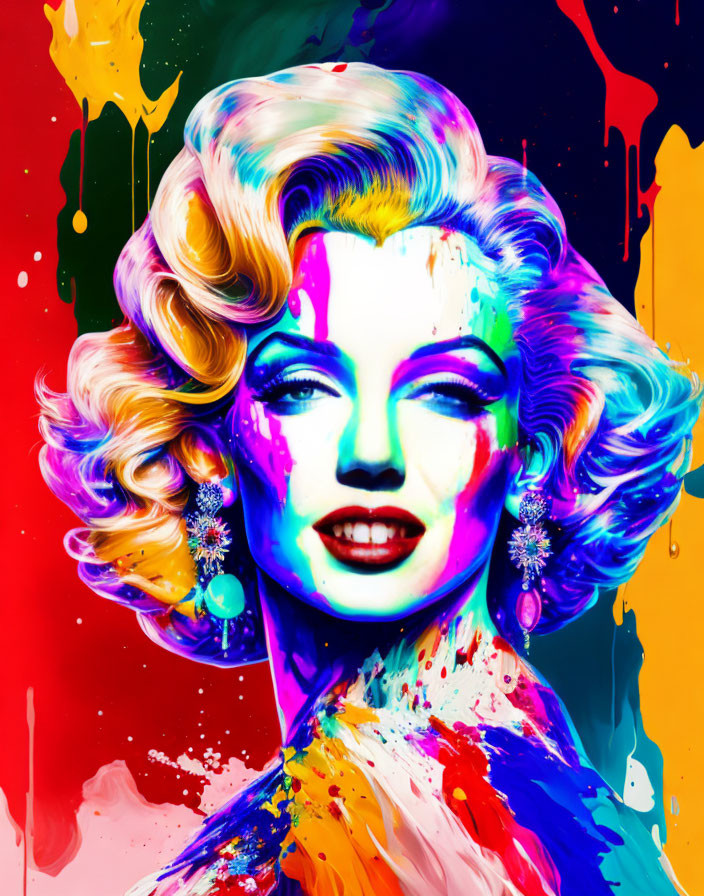 Vibrant dripping paint on retro Hollywood actress portrait