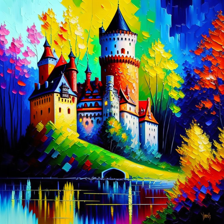 Colorful Fairytale Castle Painting with Autumn Trees and Reflections