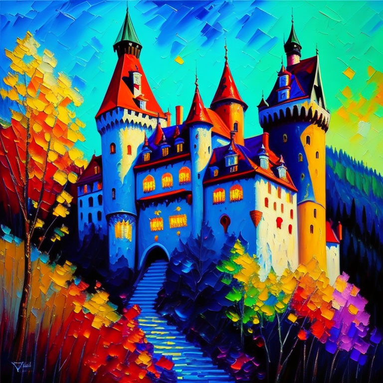 Colorful Fairy Tale Castle Painting Among Autumn Trees