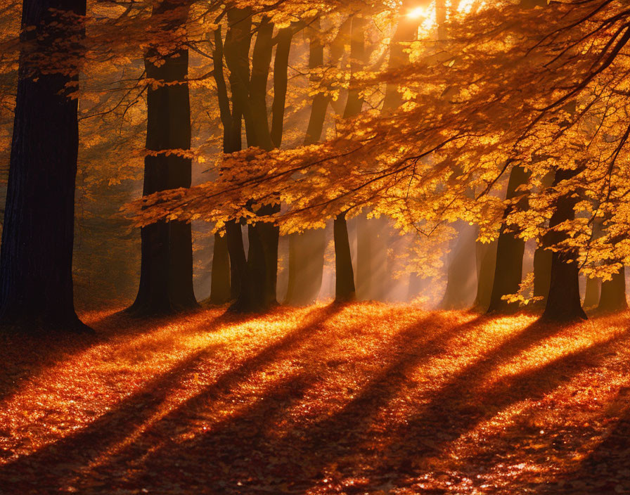 Golden autumn forest with sunbeams and long shadows