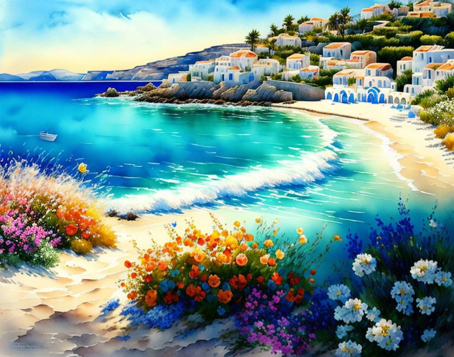 Mediterranean Seaside Painting with White Houses and Blue Domes