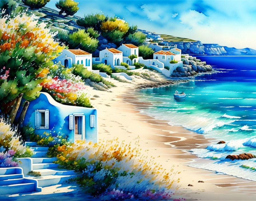 Vibrant seaside painting with beach, houses, boat, and blue sky