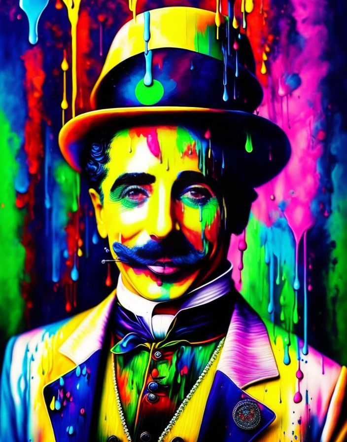 Vibrant male figure with bowler hat and mustache in colorful paint.