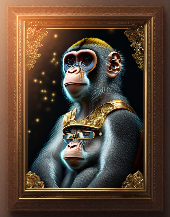 Stylized monkey digital portrait in golden armor within vintage frame