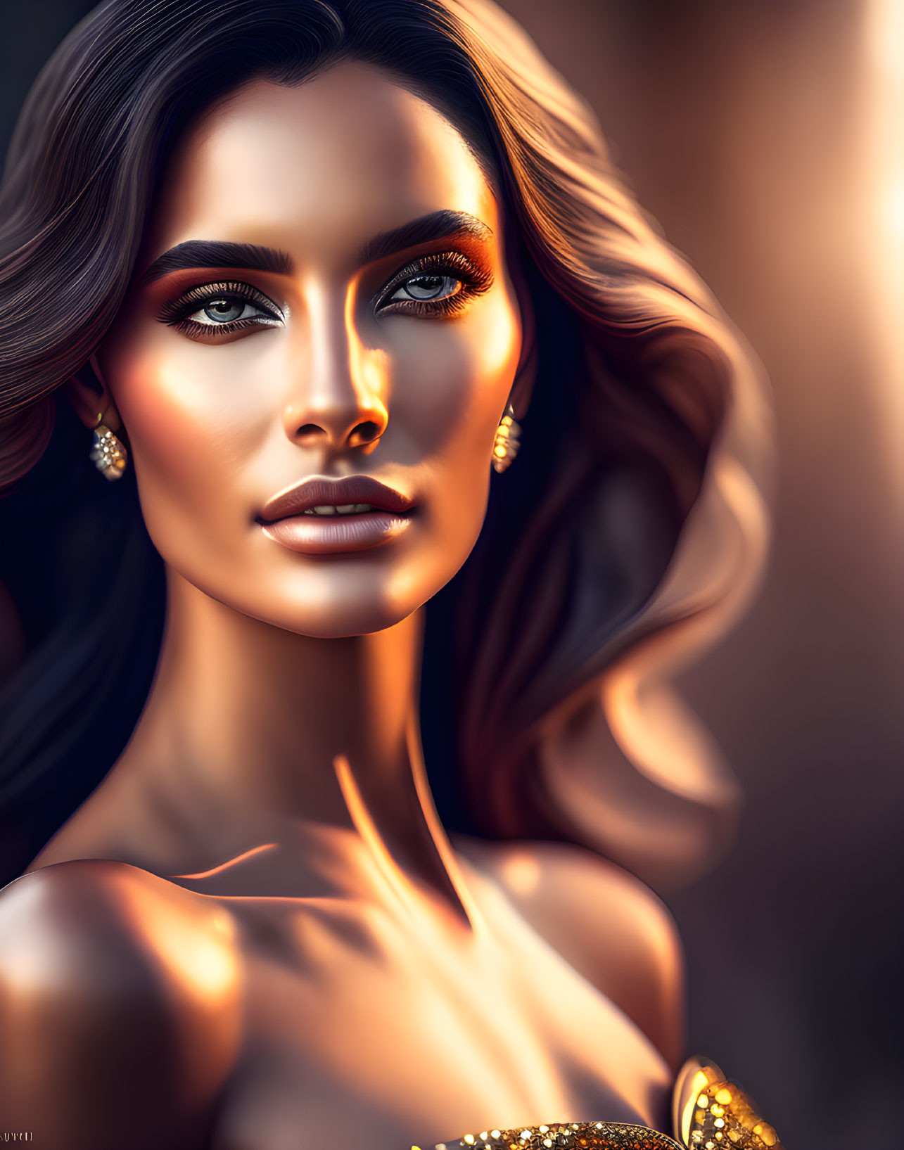 Striking digital portrait of a woman with highlighted makeup and elegant earrings