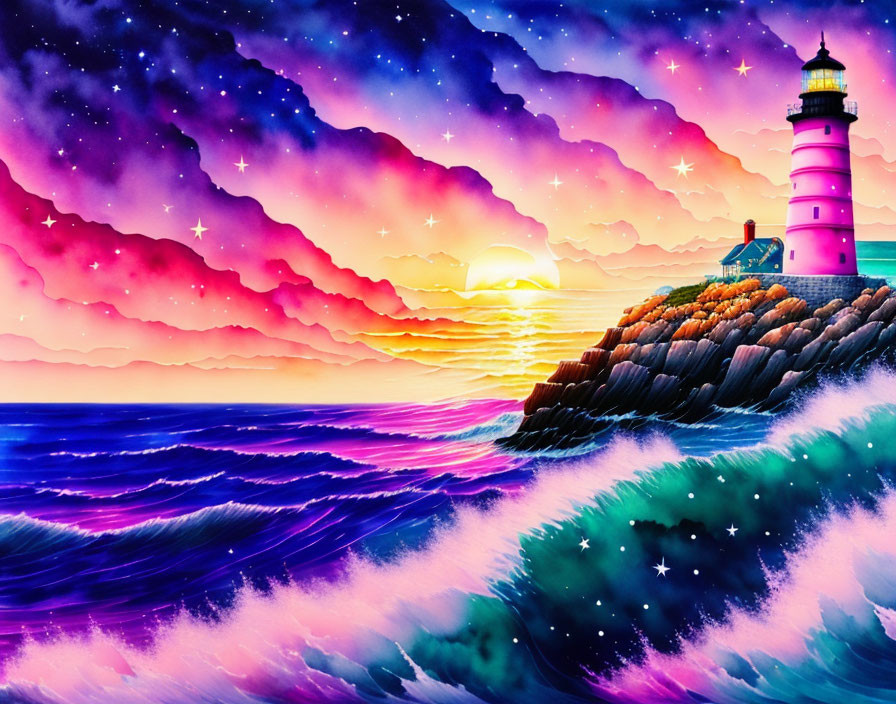 Colorful sunset seascape with pink-striped lighthouse, dynamic waves, and starry sky