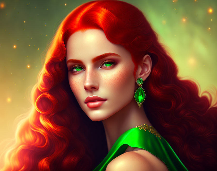 Vibrant red-haired woman with green eyes in green attire on starry backdrop