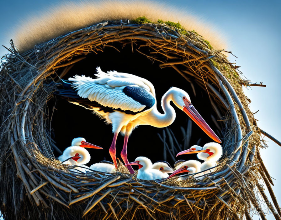 Stork with Four Chicks in Nest under Halo on Blue Sky Background