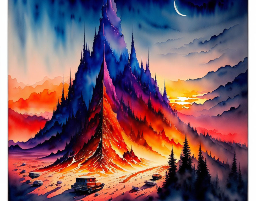 Colorful mountain landscape with camper vans and forest under crescent moon