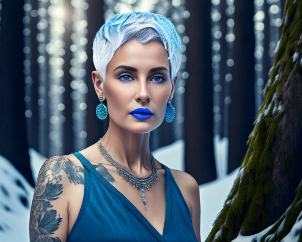 Blue-haired woman with tattoos in blue dress in mystical forest.