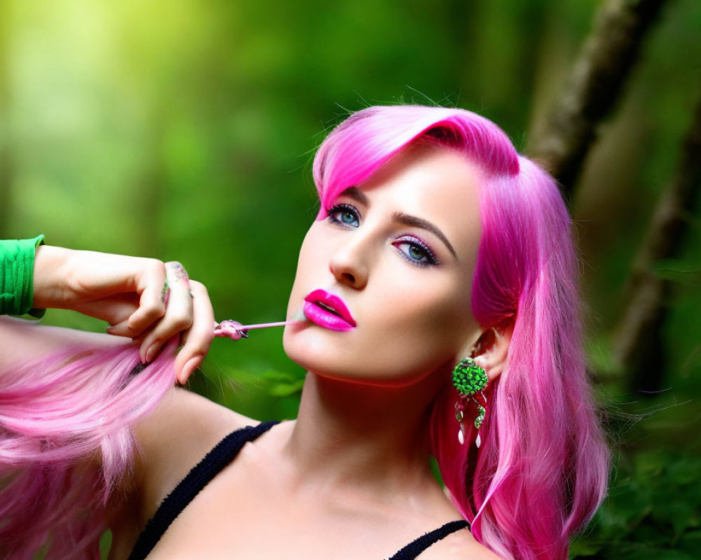 Vibrant pink-haired woman in black top, touching flower in lush green forest