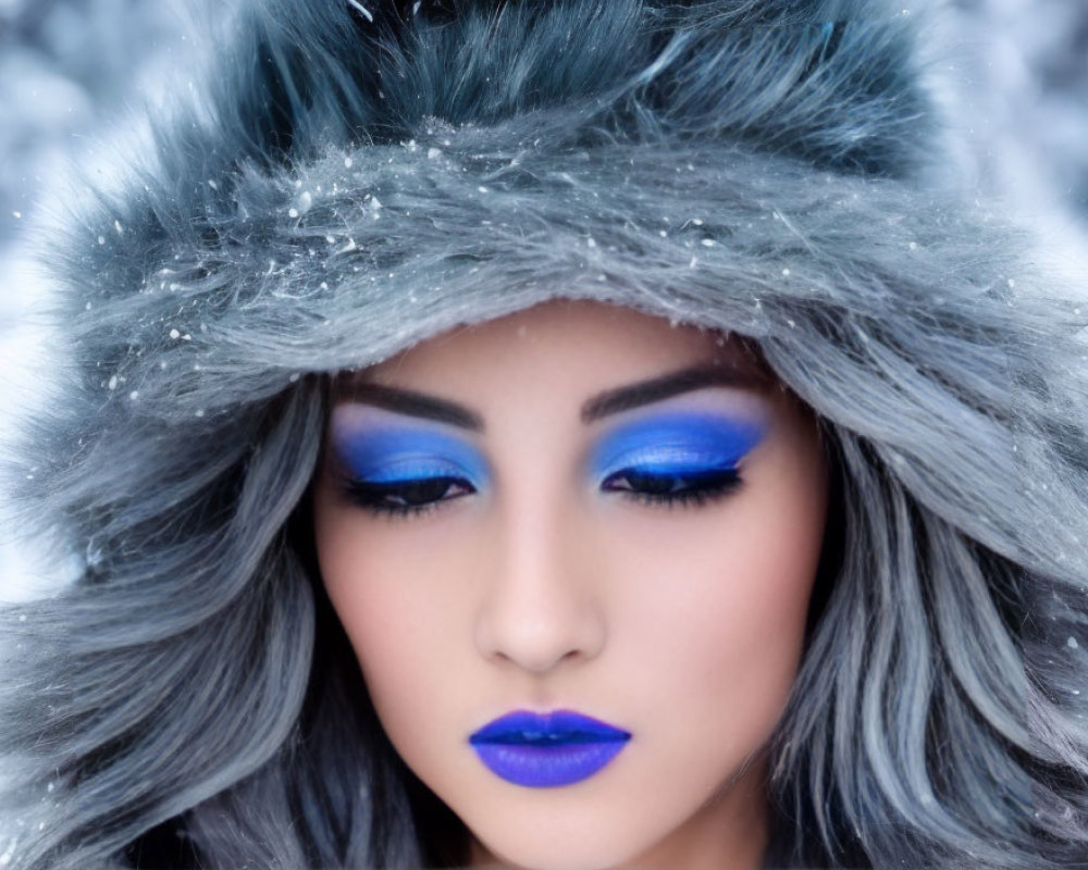 Woman with Vibrant Blue Makeup in Gray Winter Hat in Snowy Scene